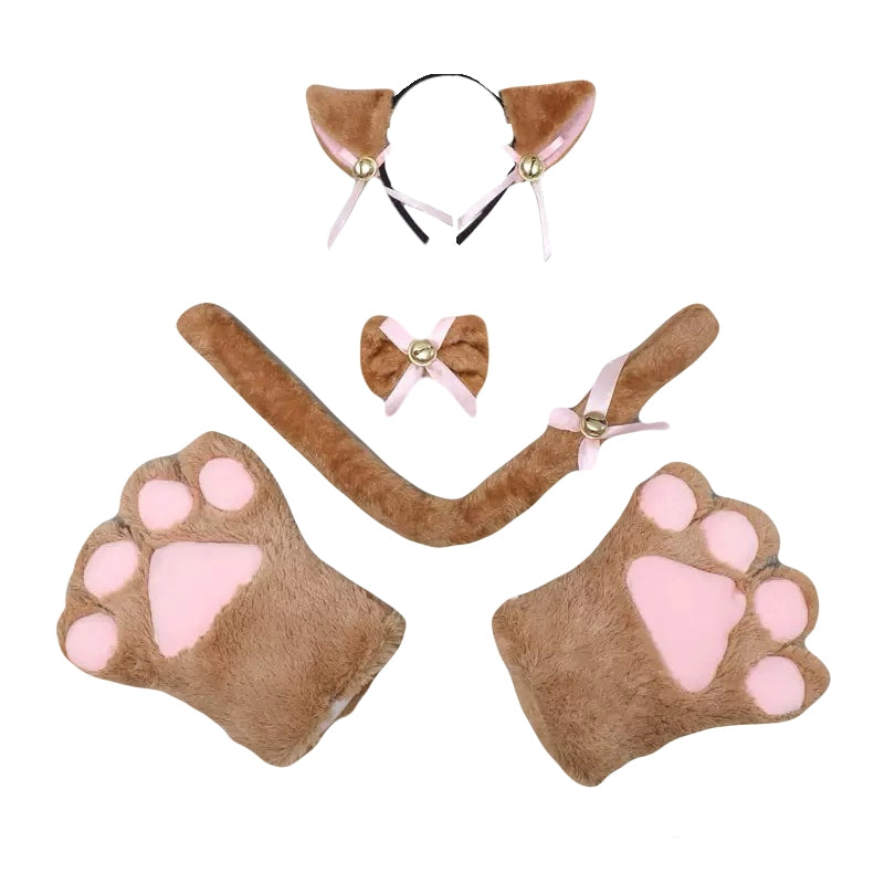 Brown cat ears and tail cosplay set with paw mittens